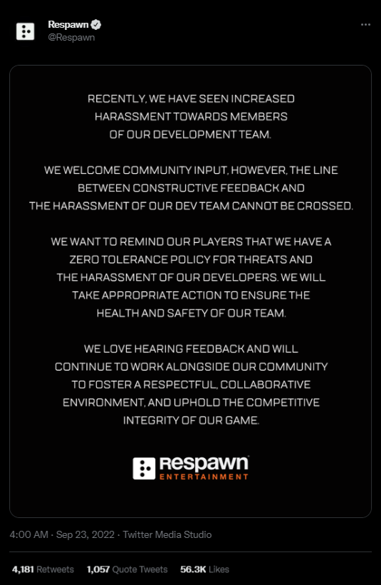 Apex Legends studio addresses "increased harassment" of dev team
